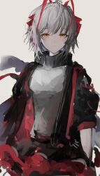 Rule 34 | 1girl, :|, antennae, arknights, black jacket, black skirt, closed mouth, demon horns, expressionless, grey hair, grey shirt, highres, horns, jacket, lch, medium hair, open clothes, open jacket, shirt, skirt, solo, standing, turtleneck, w (arknights), white background, yellow eyes
