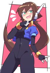 Rule 34 | 1girl, absurdres, aile (mega man zx), black bodysuit, blush, bodysuit, bottomless, breasts, brown hair, buzzlyears, cropped jacket, female focus, green eyes, highres, jacket, large breasts, long hair, mega man (series), mega man zx, mega man zx advent, navel, nervous smile, nervous sweating, open clothes, open jacket, ponytail, robot ears, smile, sweat, tagme