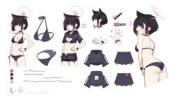 Rule 34 | 1girl, absurdres, animal ears, ass, bikini, black bikini, black choker, black hair, black shorts, blue archive, breasts, cat ears, choker, cleavage, collarbone, colored inner hair, fataaa, halo, highres, kazusa (blue archive), medium breasts, multicolored hair, multiple views, pink hair, pink halo, red eyes, short hair, short sleeves, shorts, signature, simple background, swimsuit, white background