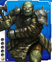 Rule 34 | 1boy, axe, card (medium), colored skin, gradient background, green skin, lilith-soft, male focus, orc, pointy ears, red eyes, solo, taimanin (series), taimanin asagi battle arena all card gallery, taimanin asagi kessen arena, weapon