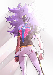 Rule 34 | 1boy, big hair, champion uniform, clenched hands, commentary request, creatures (company), dark-skinned male, dark skin, dynamax band, game freak, highres, korean commentary, leon (pokemon), long hair, male focus, messy hair, nintendo, pokemon, pokemon swsh, purple hair, redlhzz, shaded face, shirt, short shorts, short sleeves, shorts, solo, white legwear, white shorts, white wristband, wide-eyed, yellow eyes