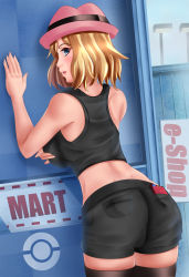 Rule 34 | 1girl, against wall, ass, bare shoulders, black shirt, black shorts, black thighhighs, blonde hair, blue eyes, blush, breasts, cameltoe, creatures (company), from behind, fuzzlogik, game freak, hat, large breasts, looking at viewer, looking back, midriff, nintendo, open mouth, pokedex, pokemon, pokemon xy, serena (pokemon), shirt, short hair, shorts, sideboob, sleeveless, sleeveless shirt, smile, solo, thighhighs