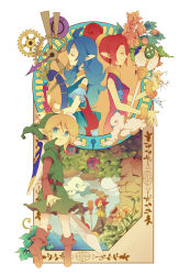 Rule 34 | 2boys, 3girls, bad id, bad pixiv id, blonde hair, blue eyes, blue hair, broom, closed eyes, cloud, din, framed, harp, hat, highres, holding, holding sword, holding weapon, instrument, jewelry, link, long hair, lots of jewelry, maple (zelda), martha, multiple boys, multiple girls, nayru, nintendo, pointy ears, ralph (zelda), red hair, scepter, shield, shield on back, sword, the legend of zelda, the legend of zelda: oracle of ages, the legend of zelda: oracle of seasons, tree, weapon, witch hat, wristband, yachi kou