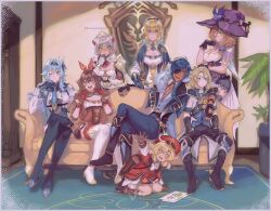 Rule 34 | 2boys, 6+girls, :|, albedo (genshin impact), amber (genshin impact), arm around shoulder, armor, armored dress, behind another, blonde hair, blue eyes, blue hair, blush, boots, border, brown hair, capelet, closed mouth, coat, commentary, couch, crossed legs, dark-skinned male, dark skin, english commentary, eula (genshin impact), eyepatch, fingerless gloves, full body, gauntlets, genshin impact, gloves, green eyes, grey hair, hair between eyes, hairband, hat, height difference, indoors, jacket, jean (genshin impact), kaeya (genshin impact), kiegenshin, klee (genshin impact), leaning to the side, legs apart, lisa (genshin impact), long hair, long sleeves, looking at another, looking at viewer, multiple boys, multiple girls, noelle (genshin impact), on couch, one eye closed, one eye covered, open mouth, pants, pointy ears, shoulder armor, side-by-side, sitting, smile, standing, thigh boots, twitter username, white border, witch hat, yellow eyes