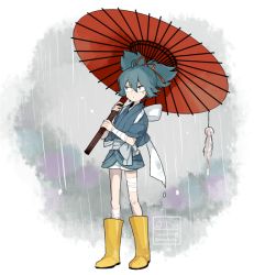 Rule 34 | 10s, 1boy, blue eyes, blue hair, boots, full body, gradient background, japanese clothes, knee boots, l hakase, male focus, matching hair/eyes, oil-paper umbrella, personification, rain, rubber boots, sayo samonji, solo, touken ranbu, transparent background, umbrella, yellow footwear