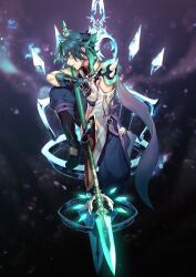 Rule 34 | 1boy, arm tattoo, bead necklace, beads, black hair, facial mark, forehead mark, genshin impact, gloves, green hair, highres, holding, holding polearm, holding weapon, jewelry, male focus, multicolored hair, necklace, polearm, primordial jade winged-spear (genshin impact), profile, simple background, sitting, solo, spear, spikes, tassel, tattoo, tkhs, vision (genshin impact), weapon, xiao (genshin impact), yellow eyes