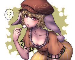 Rule 34 | 1girl, ?, animal ears, bent over, blonde hair, breasts, cleavage, collarbone, dango, downblouse, flat cap, floppy ears, food, hat, looking at viewer, miata (miata8674), open mouth, orange shirt, pants, rabbit ears, rabbit tail, red eyes, ringo (touhou), shirt, short hair, short sleeves, simple background, small breasts, solo, speech bubble, striped, tail, touhou, wagashi