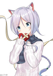 Rule 34 | 1girl, animal ears, blue eyes, box, braid, candy, cat ears, chocolate, chocolate heart, food, gift, gift box, hatsuzuki 527, heart, highres, kantai collection, kemonomimi mode, long hair, looking away, ribbed sweater, scarf, silver hair, simple background, single braid, solo, sweater, twitter username, umikaze (kancolle), valentine, white background