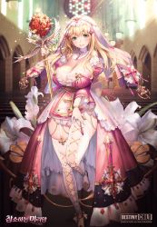 Rule 34 | 1girl, bare shoulders, blonde hair, blush, breasts, cleavage, destiny child, dress, green eyes, highres, jewelry, korean text, large breasts, long hair, looking at viewer, miriam (destiny child), mole, mole under mouth, official art, scepter, solo, thighhighs