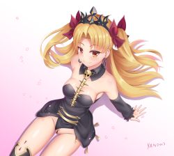 Rule 34 | 1girl, absurdres, artist name, bar censor, black dress, black thighhighs, blonde hair, blush, bow, breasts, censored, collarbone, commentary request, detached collar, dress, earrings, ereshkigal (fate), fate/grand order, fate (series), female pubic hair, from above, hair bow, hair ribbon, highres, jewelry, long hair, looking at viewer, medium breasts, parted bangs, pubic hair, pussy, red eyes, ribbon, sitting, skull, smile, solo, thighhighs, tiara, two side up, very long hair, yanows