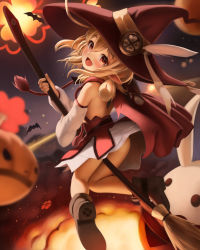 Rule 34 | 1girl, :d, absurdres, ahoge, alternate costume, ass, bare back, bat (animal), blurry, broom, broom riding, brown footwear, cape, clover print, commentary, crumbles, depth of field, detached sleeves, english commentary, explosion, from behind, genshin impact, hair between eyes, halloween, hat, hat feather, hat ornament, head tilt, highres, holding, holding broom, jumpy dumpty, klee (genshin impact), light brown hair, long hair, long sleeves, looking at viewer, looking back, low twintails, open mouth, orange eyes, pointy ears, red cape, shaft look, shoes, sidelocks, smile, solo, twintails, witch, witch hat