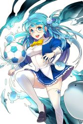 Rule 34 | 1girl, :d, ball, black footwear, blue eyes, blue hair, blue skirt, clenched hand, fish, fish hair ornament, gl ztoh, glasses, hair ornament, highres, long hair, looking at viewer, matching hair/eyes, official art, open mouth, shoes, skirt, smile, soccer ball, soccer spirits, solo, standing, standing on one leg, thighhighs, transparent background, water, white thighhighs, yuna (soccer spirits)