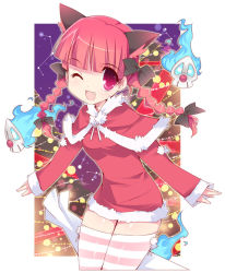Rule 34 | 1girl, animal ears, bow, braid, cat ears, cat girl, christmas, fang, female focus, hair bow, hitodama, kaenbyou rin, multiple hair bows, one eye closed, pink eyes, red hair, rfa, santa costume, skull, solo, striped clothes, striped thighhighs, thighhighs, touhou, twin braids, twintails, wink