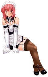 Rule 34 | 1girl, elbow gloves, female focus, full body, garter straps, gloves, kamia (not found), legs, maid, maid headdress, simple background, sitting, solo, tagme, thighhighs, white background