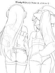 Rule 34 | 2girls, ass, character request, from behind, hair ribbon, headphones, hirowa nagi, long hair, monochrome, multiple girls, ponytail, ribbon, shorts, sweater, tail, thighhighs, thighs