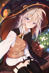 Rule 34 | 1girl, bad id, bad pixiv id, bag, bench, black gloves, black thighhighs, blonde hair, blue eyes, blurry, blush, bug, butterfly, cloak, closed mouth, day, depth of field, fingerless gloves, flat chest, garter straps, gloves, hair between eyes, hat, hplay, insect, large hat, long hair, looking at viewer, miniskirt, original, outdoors, park bench, pleated skirt, reaching, reaching towards viewer, school bag, school uniform, selfie, sidelocks, sitting, skirt, smile, solo, sweater vest, thighhighs, thighs, witch, witch hat