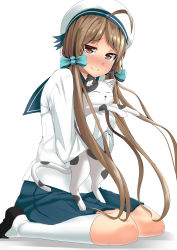 Rule 34 | 10s, 1girl, absurdres, ahoge, batsubyou, blue skirt, blush, bow, brown eyes, brown hair, cat, error musume, hair bow, hat, highres, kantai collection, kneehighs, kneeling girl (kancolle), looking at viewer, low twintails, luonawei, personification, pleated skirt, sailor collar, sailor hat, school uniform, serafuku, sitting, skirt, smile, socks, twintails, wariza, white socks