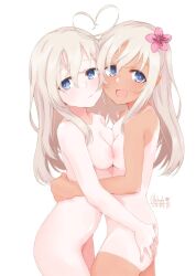 Rule 34 | 2girls, ahoge, alakoala, asymmetrical docking, blue eyes, breast press, breasts, closed mouth, collarbone, commentary request, completely nude, cowboy shot, dated, dual persona, flower, grey hair, hair between eyes, hair flower, hair ornament, hand on another&#039;s ass, hand on another&#039;s waist, highres, kantai collection, long hair, multiple girls, nipples, nude, one-piece tan, open mouth, pale skin, ro-500 (kancolle), signature, simple background, small breasts, tan, tanline, u-511 (kancolle), white background, yuri