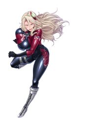 Rule 34 | 00s, 1girl, blonde hair, blue eyes, bodysuit, breasts, eliza perlman, female focus, full body, highres, huge breasts, kangoku academia, kangoku senkan, latex, latex suit, lilith-soft, long hair, looking at viewer, parted lips, prison academia, shiny skin, sian, smile, solo, standing, transparent background