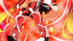 Rule 34 | 1girl, blonde hair, bodysuit, boots, gender request, genderswap, gradient hair, henshin, long hair, looking at viewer, mecha musume, mitsuka souji, multicolored hair, ore twintail ni narimasu, red background, red hair, red theme, solo, tailred, thighhighs, thighs, transformation, twintails, yuto (dialique)