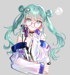 Rule 34 | 1girl, bare shoulders, choker, collarbone, earrings, glasses, green eyes, green hair, grey background, hair ornament, hand on own face, hatsune miku, highres, jewelry, long hair, long sleeves, mona0101, off shoulder, open mouth, project sekai, round eyewear, see-through, solo, star (symbol), star hair ornament, upper body, vivid bad squad miku