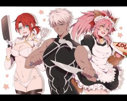 Rule 34 | 1boy, 2girls, animal ears, animal hands, apron, archer (fate), boudica (fate), dark-skinned male, dark skin, dual wielding, fang, fate/grand order, fate (series), food, fox ears, frying pan, gloves, grey eyes, hair ribbon, holding, juliet sleeves, knife, ladle, long hair, long sleeves, maid, multiple girls, namahamu (hmhm 81), o-ring, o-ring bottom, o-ring top, omelet, omurice, one eye closed, paw gloves, pink hair, puffy sleeves, red hair, ribbon, short ponytail, shrug (clothing), skin fang, spatula, tamamo (fate), tamamo cat (fate), tamamo cat (second ascension) (fate), white hair, yellow eyes