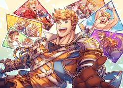 Rule 34 | 1boy, absurdres, armor, bara, black gloves, blonde hair, gloves, granblue fantasy, green eyes, highres, large pectorals, looking at viewer, male focus, muscular, muscular male, official alternate costume, oneirio, open mouth, outstretched hand, pauldrons, pectorals, reaching, short hair, shoulder armor, single pauldron, smile, solo, twitter username, vambraces, vane (granblue fantasy)