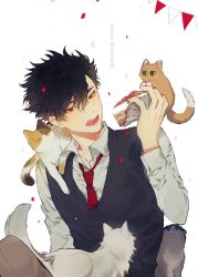 Rule 34 | 1boy, :p, black hair, cake, cake slice, cat, collared shirt, food, haikyuu!!, hair between eyes, highres, holding, holding food, korean commentary, kuroo tetsurou, licking lips, looking at viewer, male focus, mgmg 1012, necktie, red eyes, school uniform, shirt, short hair, sweater vest, tongue, tongue out, white shirt