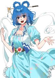Rule 34 | 1girl, :d, absurdres, blue dress, blue eyes, blue hair, blush, breasts, collarbone, commentary request, cowboy shot, dress, drill hair, frills, hagoromo, hair between eyes, hair ornament, hair rings, hair stick, hands up, happy, highres, kaku seiga, korean commentary, kuya (hey36253625), large breasts, looking at viewer, medium hair, open mouth, petticoat, puffy short sleeves, puffy sleeves, shawl, short sleeves, simple background, smile, solo, touhou, vest, white background, white vest, wing collar