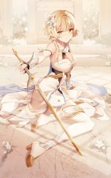 Rule 34 | 1girl, arm support, black gloves, blonde hair, boots, breasts, bush, commentary, detached sleeves, dress, flower, genshin impact, gloves, gold trim, hair flower, hair ornament, highres, holding, holding sword, holding weapon, indoors, light, looking at viewer, lumine (genshin impact), medium breasts, partially fingerless gloves, rimuu, scarf, short hair with long locks, solo, sword, thigh boots, thighhighs, vambraces, weapon, white dress, white flower, white footwear, white scarf, yellow eyes, yellow theme