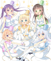 Rule 34 | 5girls, :d, :o, ;d, aqua eyes, arm behind head, bad id, bad pixiv id, bare shoulders, black footwear, blonde hair, blue eyes, blue hair, blue hat, blunt bangs, blush, breasts, brown hair, commentary request, cup, dress, everyone, gochuumon wa usagi desu ka?, green eyes, green hat, green headwear, hat, hat ribbon, high heels, highres, hoto cocoa, in container, in cup, kafuu chino, kirima syaro, light blue hair, long hair, looking at viewer, matching outfits, medium breasts, mini hat, mini top hat, multiple girls, one eye closed, open mouth, orange hair, oversized object, pink hat, purple eyes, purple hair, purple hat, ribbon, sash, saucer, short hair, sleeveless, sleeveless dress, small breasts, smile, star (symbol), striped clothes, striped headwear, sui-95, tedeza rize, thighhighs, top hat, twintails, ujimatsu chiya, vest, white background, white dress, white legwear, white ribbon, white vest, yellow hat, zettai ryouiki