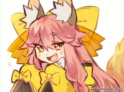 Rule 34 | 1girl, :d, absurdres, animal ear fluff, animal ears, artist name, bow, fang, fate/samurai remnant, fate (series), fox ears, fox tail, hair bow, highres, japanese clothes, kimono, leorlontyan, long hair, looking at viewer, open mouth, pink hair, simple background, sleeves past fingers, sleeves past wrists, smile, solo, tail, tamamo (fate), tamamo aria (fate), upper body, white background, yellow bow, yellow eyes, yellow kimono