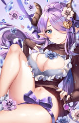 Rule 34 | 1girl, :3, artist name, bare legs, black dress, black gloves, black sweater, blue eyes, blush, bow, breasts, cleavage, cleavage cutout, closed mouth, clothes lift, clothing cutout, draph, dress, dress lift, fingerless gloves, flower, frills, gloves, granblue fantasy, hair bow, hair flower, hair ornament, hair over one eye, heart, heart cutout, heart hair ornament, highres, horns, knee up, large breasts, lifting own clothes, long hair, long sleeves, looking at viewer, nail polish, narmaya (granblue fantasy), navel, no panties, pointy ears, purple bow, purple flower, purple hair, purple nails, sitting, smile, solo, squchan, stomach, sweater, sweater dress, thigh strap, very long hair, watermark, web address