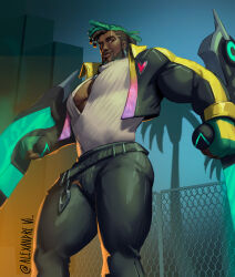 Rule 34 | 1boy, absurdres, alexandrevi, bara, beard, black hair, bulge, cropped jacket, dark-skinned male, dark skin, dreadlocks, earrings, facial hair, feet out of frame, fence, from below, heartsteel k&#039;sante, highres, huge pectorals, jewelry, k&#039;sante (league of legends), league of legends, male focus, mature male, muscular, muscular male, official alternate costume, official alternate hairstyle, pants, pectoral cleavage, pectorals, short hair, sideways glance, smile, solo, standing, thick eyebrows, thick lips, tight clothes, tight pants, two-tone beard, very dark skin