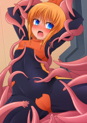 Rule 34 | 1girl, blue eyes, blush, breasts, commentary request, covered navel, gundam, highres, jun&#039;you maru, orange hair, pilot suit, puru two, short hair, solo, tentacles