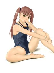 Rule 34 | bad id, bad pixiv id, barefoot, brown hair, cameltoe, feet, flat chest, goggles, hawoku ishibare, highres, long hair, one-piece swimsuit, school swimsuit, smile, solo, swimsuit, twintails, yellow eyes