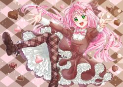 Rule 34 | 1girl, :d, akira ituki, argyle, argyle background, argyle clothes, bow, brown bow, brown dress, brown pantyhose, candy, chocolate, chocolate heart, dress, floating hair, food, green eyes, hair bow, hair intakes, heart, layered dress, long hair, long sleeves, macross, macross 7, mylene jenius, neck ribbon, open mouth, outstretched arms, outstretched hand, pantyhose, pink hair, pink ribbon, plaid, plaid bow, ribbon, smile, solo, very long hair