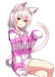 Rule 34 | 1girl, animal ear fluff, animal ears, blush, breasts, cat ears, cat girl, cat tail, character request, collarbone, copyright request, crossed legs, hair between eyes, hood, hooded jacket, indie virtual youtuber, jacket, looking at viewer, medium breasts, medium hair, open mouth, paw pose, pink jacket, purple eyes, sidelocks, silver hair, simple background, sitting, sleeves past fingers, sleeves past wrists, solo, striped clothes, striped jacket, tail, takehana note, thighs, virtual youtuber, white background