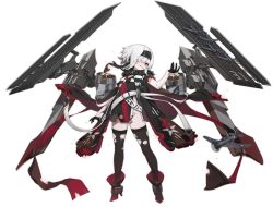 Rule 34 | 1girl, aircraft, aircraft carrier, artist request, azur lane, belt, belt buckle, black footwear, black gloves, black thighhighs, bon homme richard (meta) (azur lane), buckle, cape, gloves, grin, hairband, highres, looking at viewer, military, military vehicle, official art, one eye covered, red eyes, rigging, scarf, ship, short hair, simple background, smile, solo, standing, thighhighs, torn clothes, torn thighhighs, transparent background, warship, watercraft, white hair