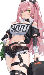 Rule 34 | 1girl, :3, absurdres, bare shoulders, belt, black shorts, black thighhighs, breasts, brown belt, cleavage, clothing cutout, commentary, cowboy shot, cutoffs, czk, earrings, green eyes, hand on own hip, heart, heart earrings, highres, holding, jewelry, large breasts, long hair, long sleeves, looking at viewer, micro shorts, midriff, mole, mole on thigh, mole under eye, navel, nicole demara, pink hair, revision, shorts, shoulder cutout, simple background, single thighhigh, smile, solo, standing, stomach, strapless, thigh strap, thighhighs, thighs, tube top, two side up, very long hair, white background, zenless zone zero