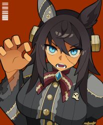 Rule 34 | 1girl, absurdres, animal ears, black dress, black hair, blue eyes, bow, breasts, claw pose, commentary, dark-skinned female, dark skin, dress, ear covers, english commentary, hair between eyes, hair ornament, highres, horse ears, horse girl, juliet sleeves, large breasts, long hair, long sleeves, looking at viewer, official alternate costume, official alternate hairstyle, ponytail, puffy sleeves, red background, red bow, scar, scar on face, simple background, single ear cover, solo, soulmaster uwu, symboli kris s (jetblack automaton) (umamusume), symboli kris s (umamusume), umamusume, very long hair