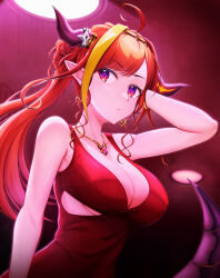Rule 34 | 1girl, ahoge, alternate costume, bare arms, bare shoulders, breasts, cleavage, collarbone, dragon girl, dragon horns, dragon tail, dress, highres, hololive, horns, jewelry, kapibara ani, kiryu coco, large breasts, multicolored hair, necklace, orange hair, pointy ears, purple eyes, red dress, side ponytail, streaked hair, tail, upper body, virtual youtuber