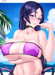 Rule 34 | 1girl, absurdres, bare shoulders, bikini, breasts, castell, choker, cleavage, collarbone, eyepatch bikini, fate/grand order, fate (series), highres, large breasts, long hair, looking at viewer, minamoto no raikou (fate), minamoto no raikou (fate/grand order), minamoto no raikou (swimsuit lancer) (fate), parted bangs, purple bikini, purple eyes, purple hair, smile, solo, swimsuit, very long hair