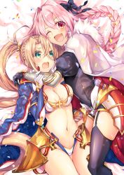 Rule 34 | 1boy, 1girl, astolfo (fate), black bow, black ribbon, blonde hair, bow, bradamante (fate), bradamante (third ascension) (fate), braid, breasts, cloak, elbow gloves, fate/grand order, fate (series), fur trim, gauntlets, gloves, green eyes, hair intakes, hair ribbon, hand in own hair, hand on own knee, highres, long hair, looking at viewer, medium breasts, multicolored hair, navel, one eye closed, open mouth, orange eyes, pink hair, ribbon, shika (isk mjkss), single braid, smile, twintails, very long hair, wavy mouth