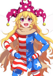 Rule 34 | 1girl, :d, absurdres, american flag dress, blush, clownpiece, commentary request, cowboy shot, fairy wings, fang, flat chest, fur trim, hair between eyes, hands on own hips, hat, highres, jester cap, legs apart, mittens, open mouth, pantyhose, pink eyes, polka dot, scarf, shokabatsuki, simple background, smile, solo, star-shaped pupils, star (symbol), star print, symbol-shaped pupils, touhou, v-shaped eyebrows, white background, wings