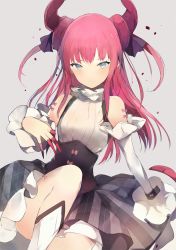 Rule 34 | 10s, 1girl, bare shoulders, blue eyes, blush, claws, closed mouth, corset, detached sleeves, dragon horns, elizabeth bathory (fate), elizabeth bathory (fate/extra ccc), elizabeth bathory (second ascension) (fate), fate/extra, fate/extra ccc, fate (series), grey background, horns, knee up, light smile, long hair, looking at viewer, lpip, pink hair, plaid, plaid skirt, purple hair, simple background, sitting, skirt, smile, solo, two side up, wrist cuffs