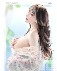 Rule 34 | 1girl, artist name, breasts, brown hair, closed mouth, earrings, english text, floral print, from side, hand on own chest, highres, jewelry, large breasts, long hair, original, photo-referenced, red lips, single bare shoulder, sketch, smile, solo, wandzardeen