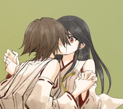 Rule 34 | 10s, 2girls, black hair, brown hair, detached sleeves, female focus, gogono pan&#039;ya, green background, haruna (kancolle), hiei (kancolle), highres, holding hands, interlocked fingers, japanese clothes, kantai collection, kiss, long hair, multiple girls, nontraditional miko, personification, ribbon-trimmed sleeves, ribbon trim, short hair, simple background, upper body, wide-eyed, yuri