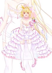 Rule 34 | 1girl, :d, ahoge, alternate hair length, alternate hairstyle, bare shoulders, blonde hair, blush, bouquet, bridal veil, commentary request, crown, crystal, dress, fang, flandre scarlet, flower, gloves, hair flower, hair ornament, high heels, highres, holding, holding bouquet, jewelry, long hair, looking at viewer, mini crown, necklace, open mouth, pink flower, pink footwear, pink garter straps, pink gloves, pink neckwear, pink rose, red eyes, rose, sakuramiya nya, short dress, side ponytail, sleeveless, sleeveless dress, smile, solo, strapless, strapless dress, thighhighs, tilted headwear, touhou, veil, waist cape, wedding dress, white dress, white thighhighs, wings, zoom layer