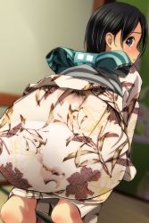 Rule 34 | 1girl, ass, black eyes, black hair, blurry, blurry background, blush, commentary request, depth of field, floral print, highres, japanese clothes, kimono, looking at viewer, looking back, matsunaga kouyou, nose blush, original, pantylines, parted lips, print kimono, profile, soles, solo, squatting, white kimono, yukata